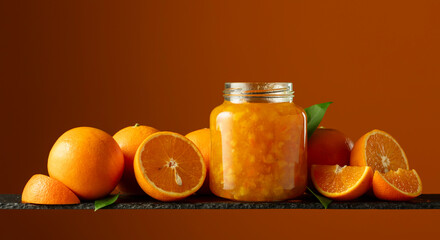 Orange jam in glass jar and fresh fruits.