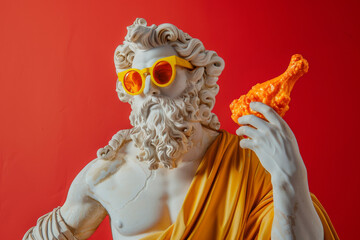Classical greek Zeus god  statue dons modern yellow sunglasses and holds a golden chicken leg, contrasting antiquity with contemporary humor