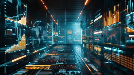 Digital landscape representing a virtual reality data center with glowing interfaces