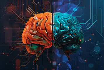 Big Data and artificial intelligence concept. Digital brain with electronic contacts on dark background