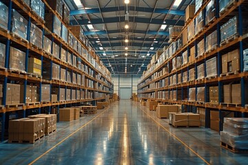 A large warehouse with many boxes stacked on shelves
