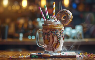 St. Patrick's themed shake with donut, cookie, and colorful sprinkles.
