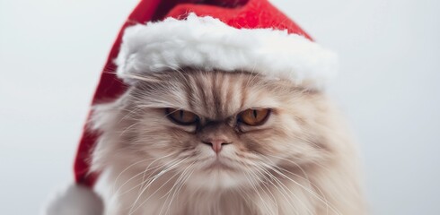 Close-up image capturing the stern face of a fluffy persian cat wearing a festive santa claus hat, with striking orange eyes that contrast against a soft, neutral background