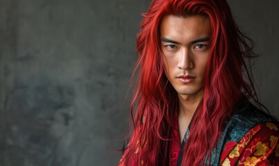 Fototapeta premium Portrait of young Asian man with deep red long hair in traditional clothes looking at camera