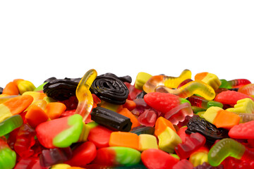 Assorted colorful gummy candies isolated on a white background. Top view.