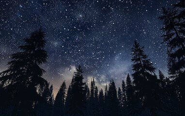 Starry night sky above silhouetted pine trees.