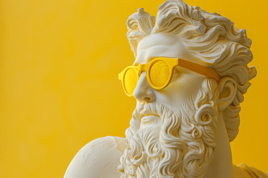 Close-up of a white Zeus greek statue donning bright yellow sunglasses against a vibrant yellow background, blending ancient art with contemporary style