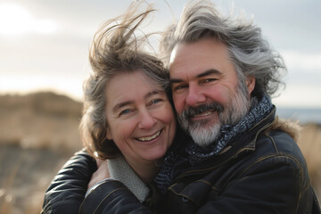 Fototapeta premium Portrait of a happy, affectionate mature couple with windswept hair sharing a warm embrace on a beach, displaying timeless love and comfort in each other's arms