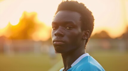 The close up picture of the african soccer or football player is exhausted after exercising or...