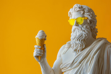 Playful depiction of a Zeus statue donning yellow sunglasses and holding a vanilla ice cream cone against a vivid orange backdrop