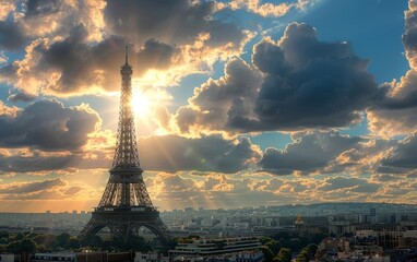 Sunlit Eiffel Tower against a cloudy sky, towering over the cityscape.