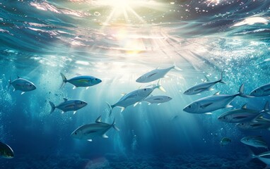 Sunlit underwater scene with school of fish near ocean surface.