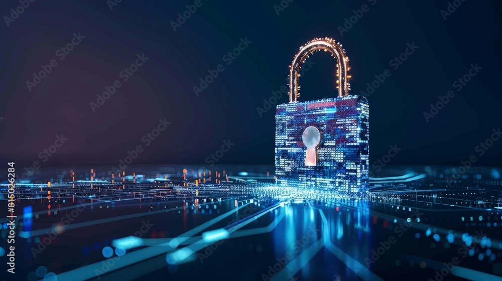 Poster digital padlock on abstract cyber security technology blue background with binary code hyper realist