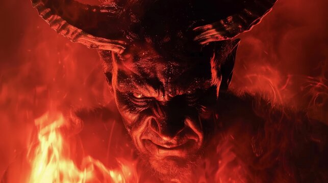 A demonic looking man with horns and a red background