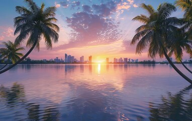 Sunset view over a lake with palm trees and city skyline.