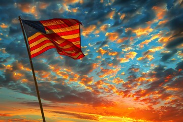 A stunning illustration of the American flag held high against a backdrop of a vibrant sunset sky.