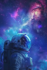 Astronaut in space suit with colorful nebula and stars in the background.