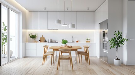 A bright Scandinavian kitchen with sleek white cabinetry, a wooden dining set, and modern stainless steel appliances