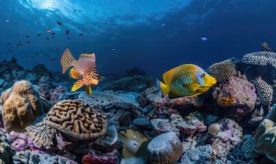 Obraz premium Cockerel fish and surgeonfish in the water closeup view