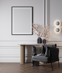 Mockup poster frame in modern interior, stylish room with gray chair, decoration and flowers, 3d render