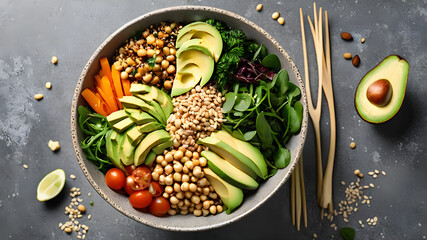 Vegetarian Vegan salad bowl or buddha bowl with grains, tofu, avocado, vegetables and greens. Balanced meal on grey concrete background. Top view