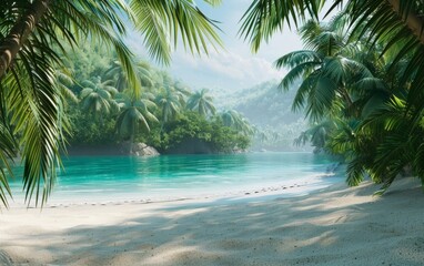 Tropical beach with clear turquoise water, white sand, and lush palm trees.