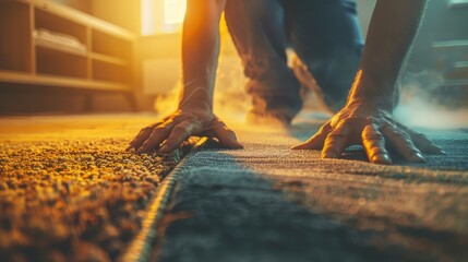 A close-up of hands installing a carpet, showcasing the detailed and focused manual work involved in home improvement and flooring renovation.