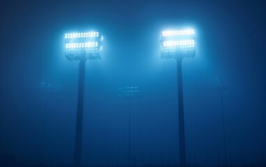 Twin stadium lights illuminate the hazy night sky with a brilliant blue glow.