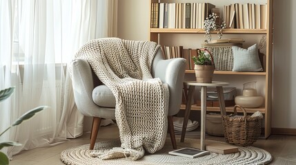 A cozy Scandinavian reading nook with a plush armchair, a knitted throw, and a small wooden bookshelf