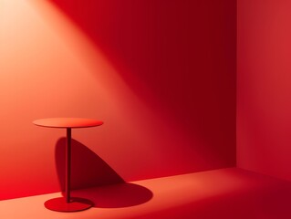 A minimalist scene with a single red table casting a shadow in a vibrant red corner, creating a stark and bold visual effect.