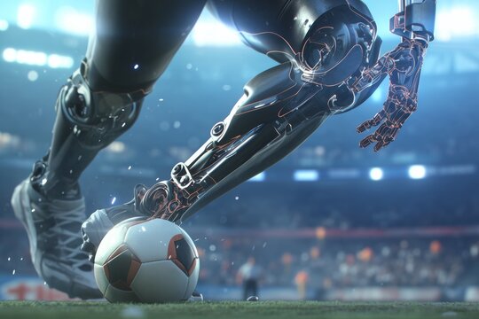 Futuristic 3D Render of Virtual Football Kick by Player in VR Suit