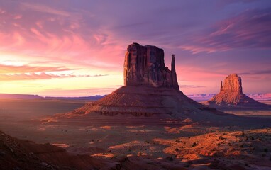 Vast desert landscape with a striking rock formation at dawn.