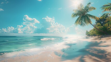 Fototapeta na wymiar Tropical beach with palm trees, white sand, blue ocean, and bright sun.