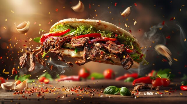 fresh grilled beef turkish or chicken arabic shawarma doner sandwich with flying ingredients and spices hot ready to serve and eat food commercial advertisement menu banner with copy space area