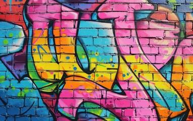 Vibrant, multicolored graffiti painted on a textured brick wall.