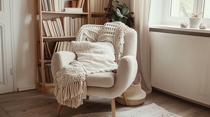 A cozy Scandinavian reading nook with a plush armchair, a knitted throw, and a small wooden bookshelf