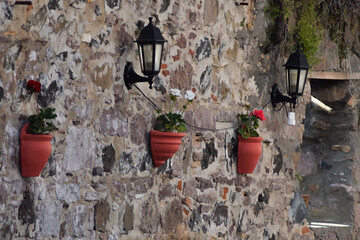 Flower vase and flowers hanging on the stone wall