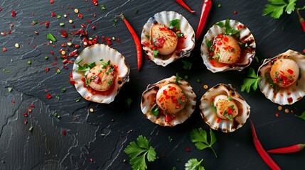 Dishes with scallop and chili.