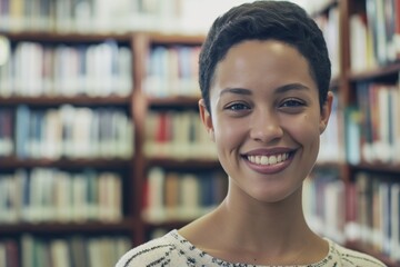 Cheerful young woman with a friendly smile standing in a library. Her confident, joyful expression exudes positivity and intelligence, set against a backdrop of bookshelves filled with literature