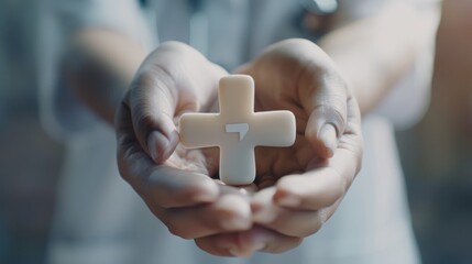 Hand holds plus icon for healthcare, symbolizing benefits. Health insurance health concept, access to welfare health and spacious copy area. Illustrates value addition in medical services.