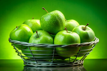 A conceptual photo of a basket of bright green apples with a vibrant green background