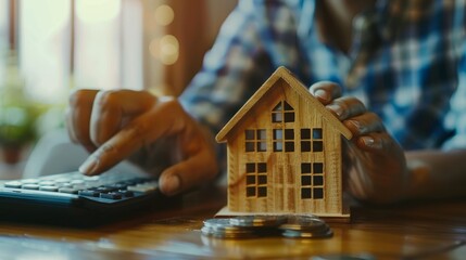 Hand on calculators, aiming for home refinance. Wooden house model, buy or rent note on desk. Concept of saving to buy property, wise mortgage payment. Tax, credit analysis for financial benefit. 