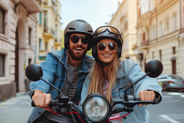 Happy couple making photo sitting on scooter on city street