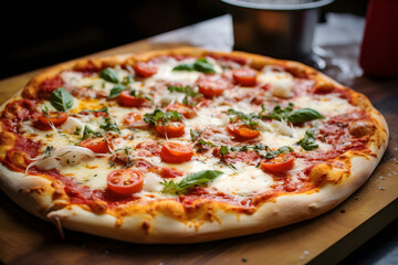A traditional Italian pizza fresh from the oven, with bubbling cheese, tangy tomato sauce, and...