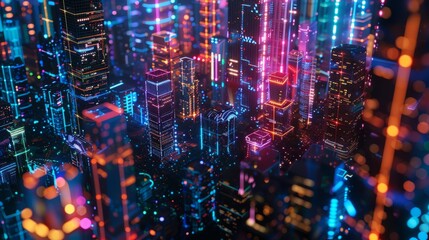 High tech data network color grids over miniature cityscape with cinematic coloring created with Generative AI technology hyper realistic 