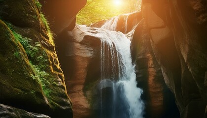A remote waterfall hidden deep within a canyon, with sunlight peeking through the cliffs. AI generated