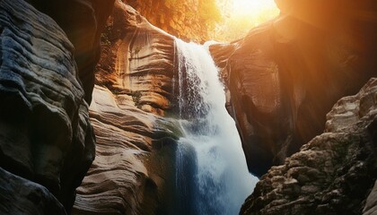 A remote waterfall hidden deep within a canyon, with sunlight peeking through the cliffs. AI...
