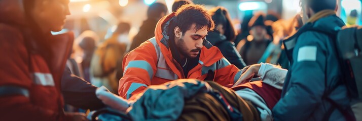 A paramedic in an orange high-visibility jacket provides urgent medical care to a patient on a stretcher in a busy area