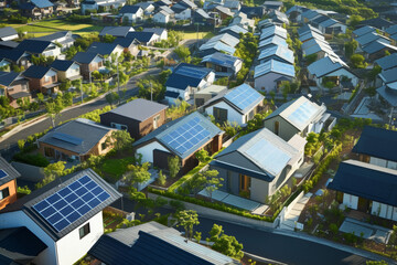 Panoramic Drone View of an Eco-Friendly Suburb with Green Roofs and Solar Panels
