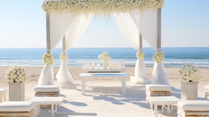 Elegant coastal wedding setup with white flowers and seashells whimsical touch
